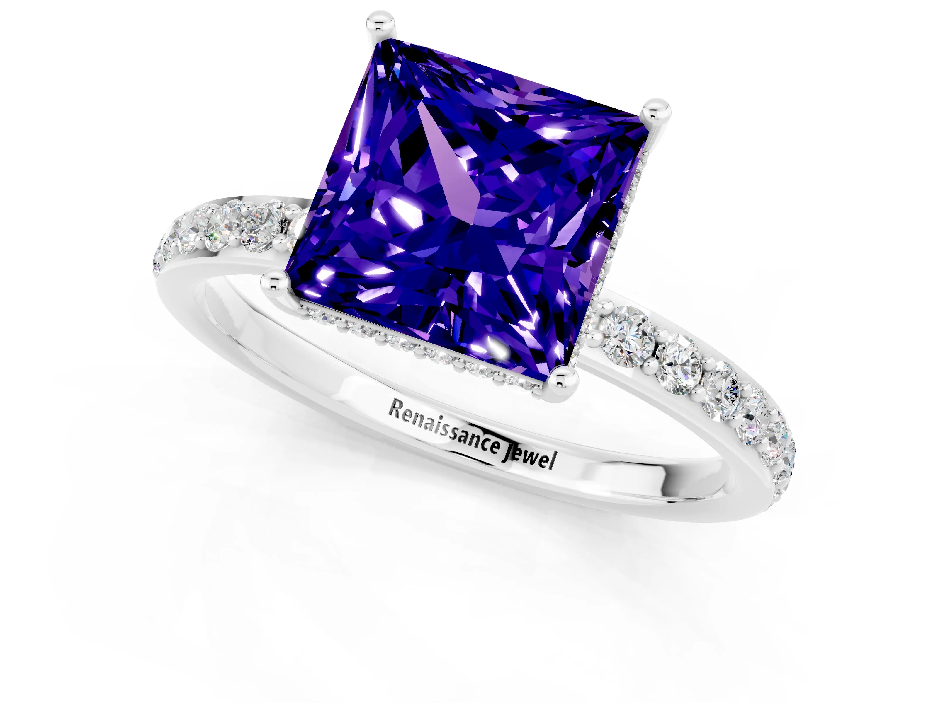 White gold Princess Cut Tanzanite Solitaire Ring with Pavé Band and Hidden Halo_25