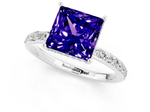White gold Princess Cut Tanzanite Solitaire Ring with Pavé Band and Hidden Halo_25