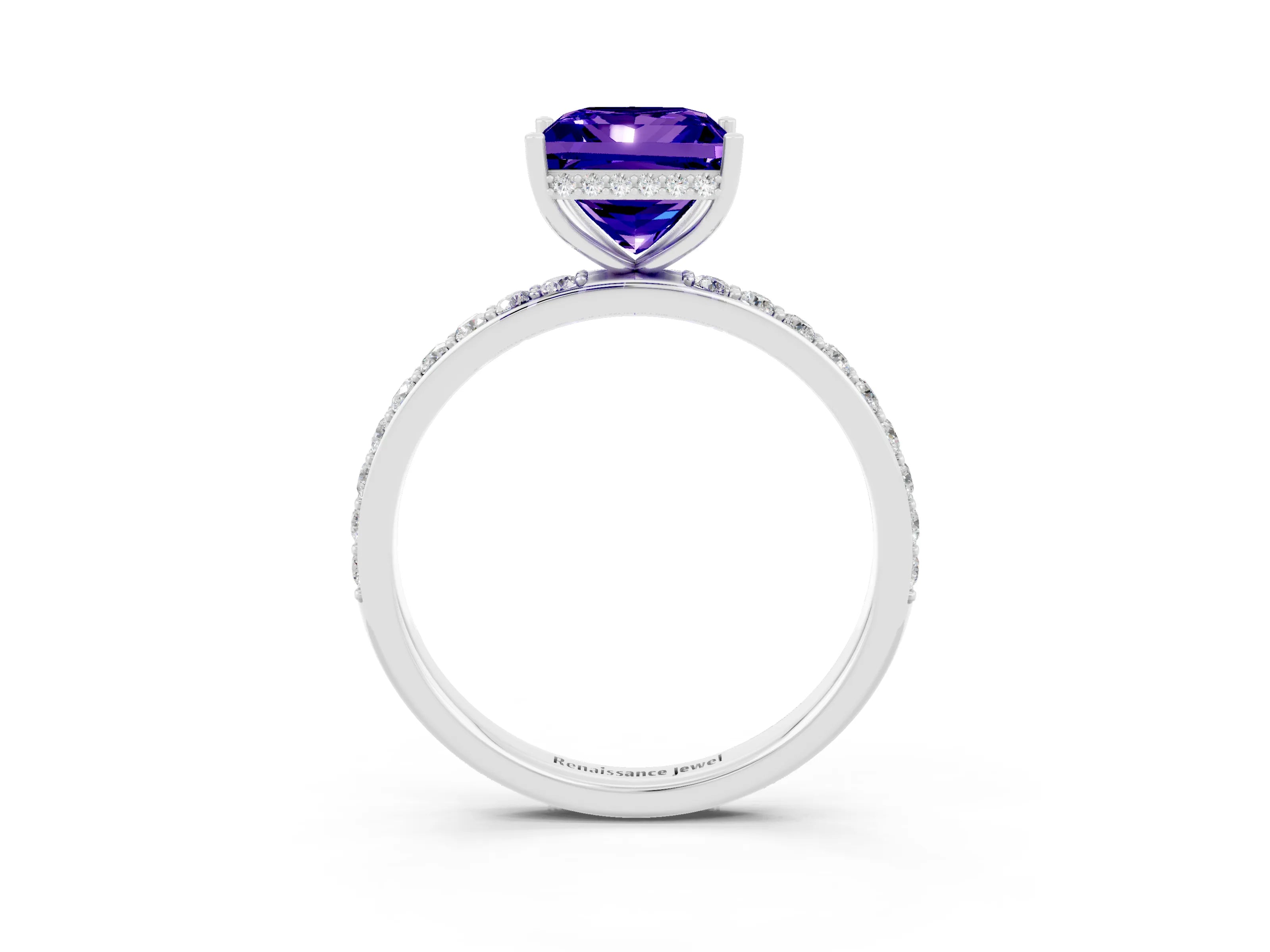 White gold Princess Cut Tanzanite Solitaire Ring with Pavé Band and Hidden Halo_27