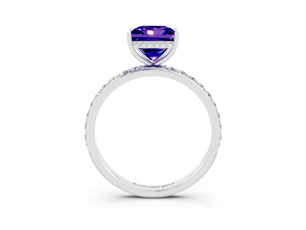 Silver Princess Cut Tanzanite Solitaire Ring with Pavé Band and Hidden Halo