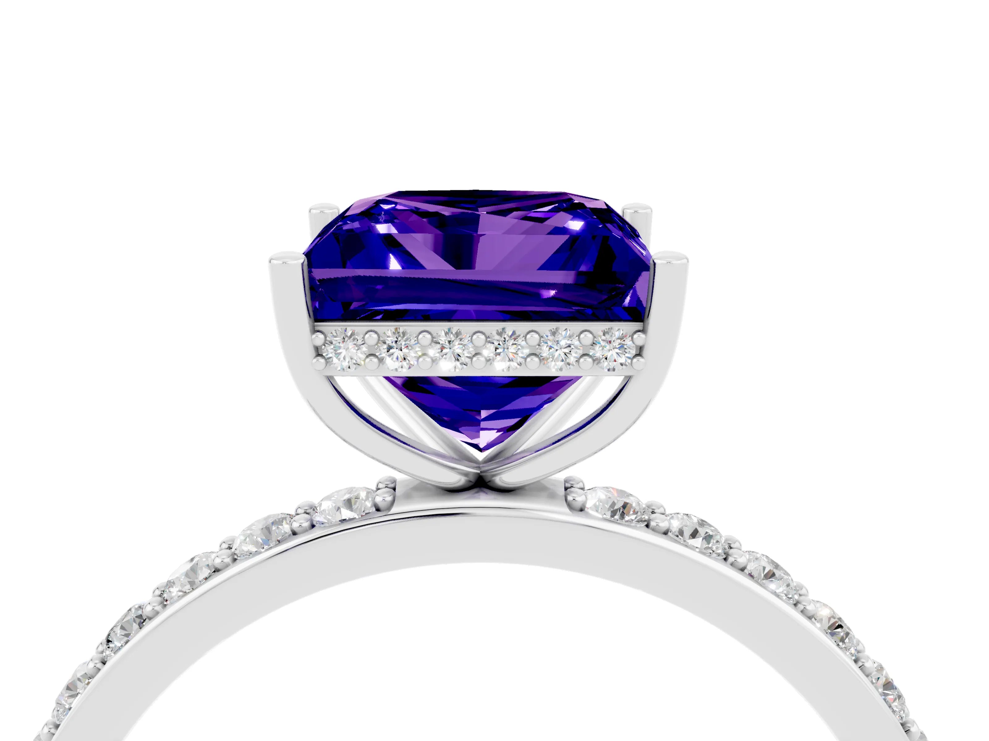 White gold Princess Cut Tanzanite Solitaire Ring with Pavé Band and Hidden Halo_4