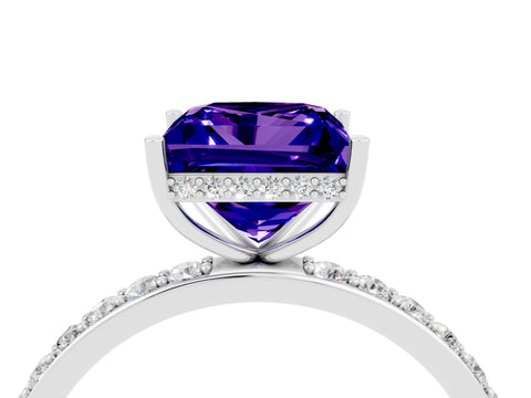 White gold Princess Cut Tanzanite Solitaire Ring with Pavé Band and Hidden Halo_4