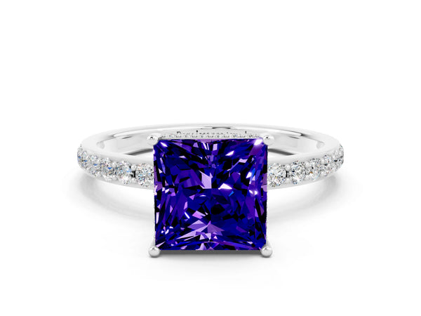 Silver Princess Cut Tanzanite Solitaire Ring with Pavé Band and Hidden Halo