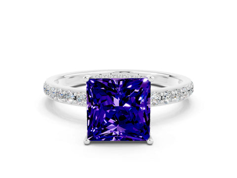 White gold Princess Cut Tanzanite Solitaire Ring with Pavé Band and Hidden Halo