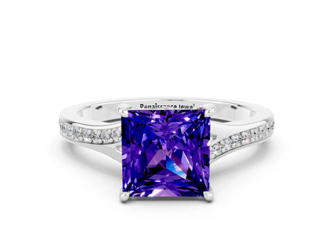 White gold Princess Cut Tanzanite Solitaire Ring with Pavé Band and Prong Setting_12
