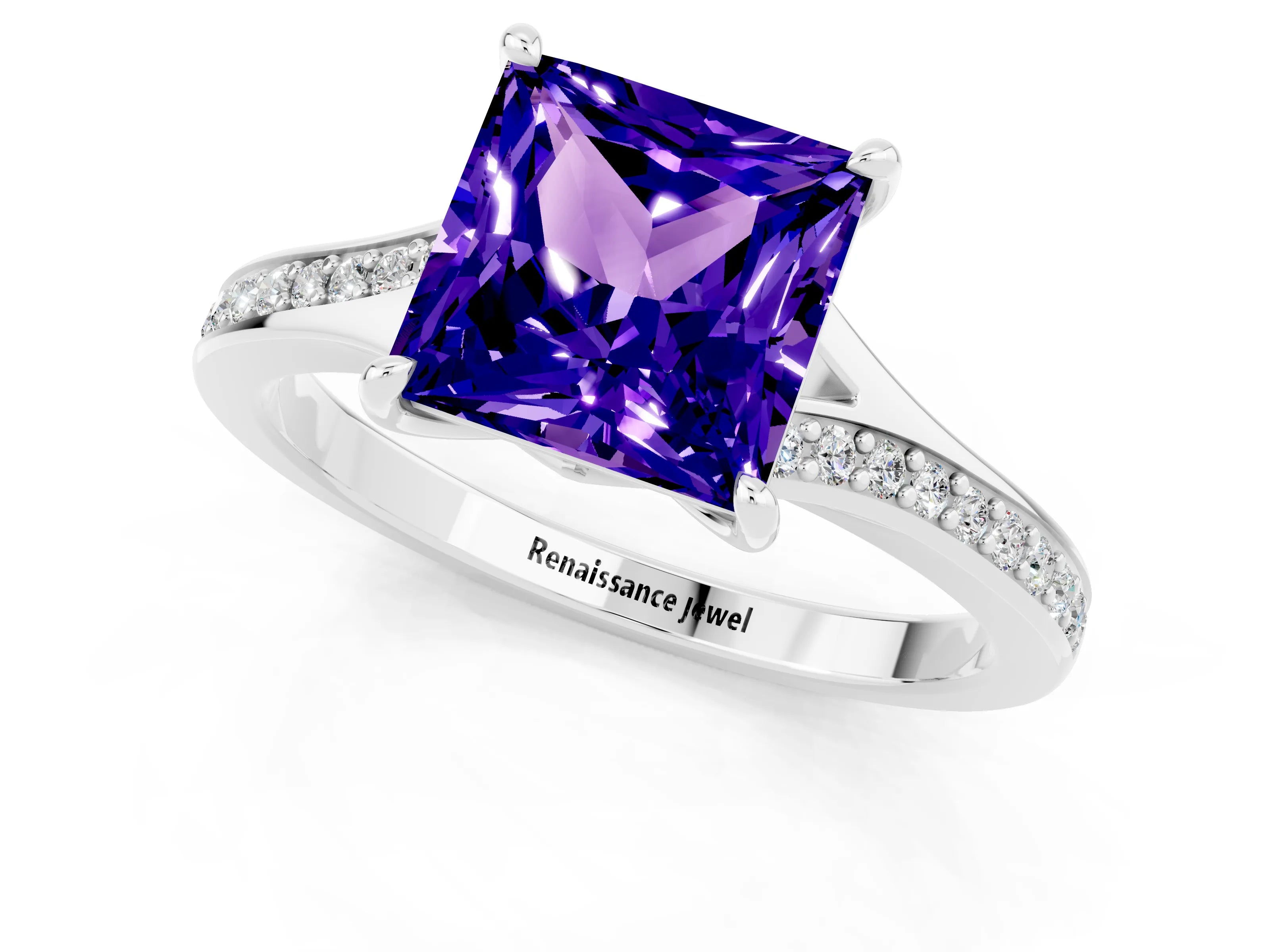 White gold Princess Cut Tanzanite Solitaire Ring with Pavé Band and Prong Setting_13