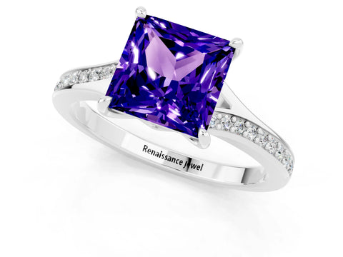 White gold Princess Cut Tanzanite Solitaire Ring with Pavé Band and Prong Setting_13