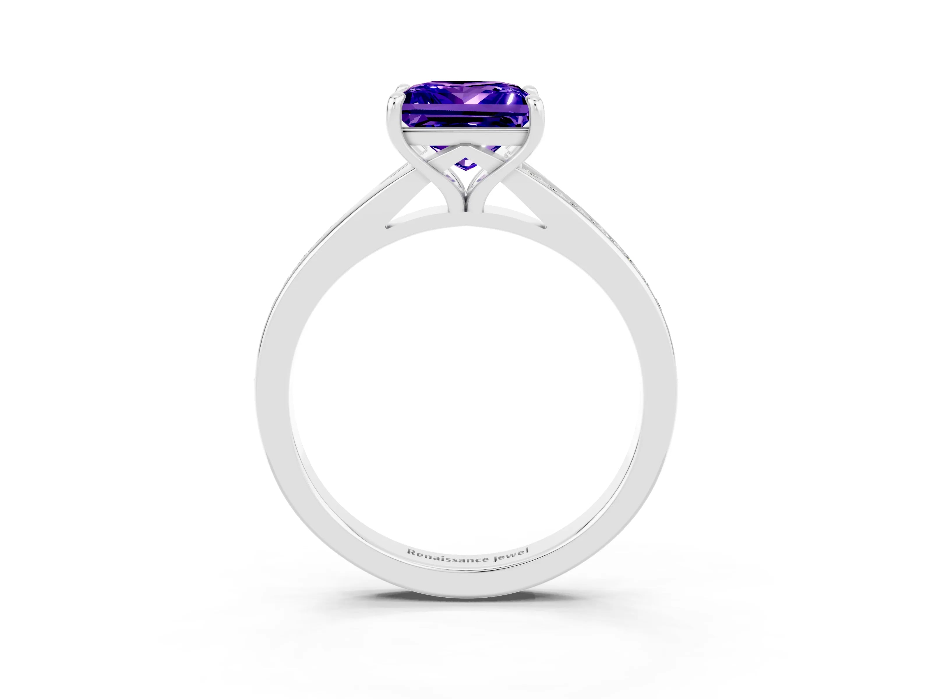 White gold Princess Cut Tanzanite Solitaire Ring with Pavé Band and Prong Setting_15