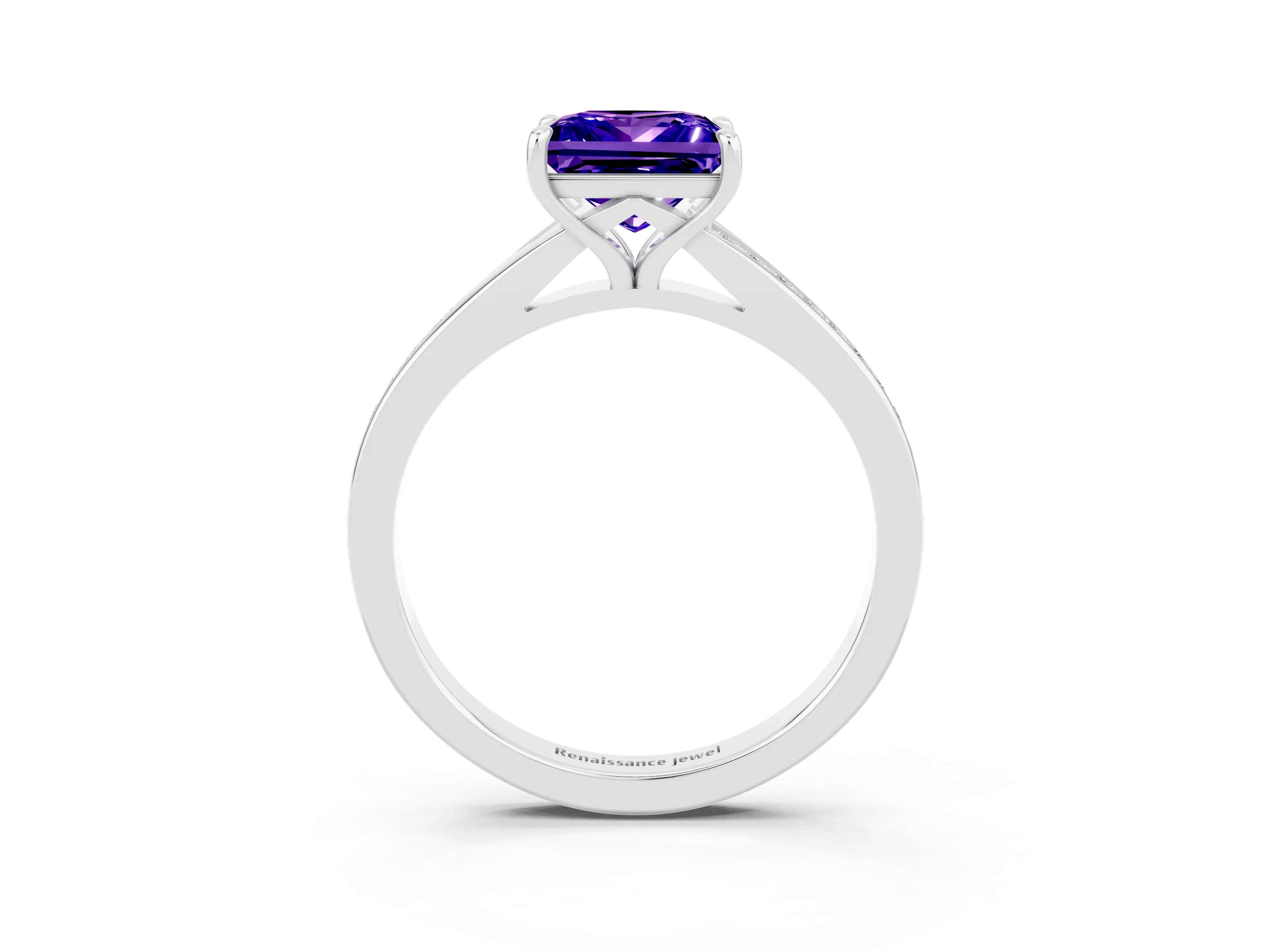 White gold Princess Cut Tanzanite Solitaire Ring with Pavé Band and Prong Setting_3