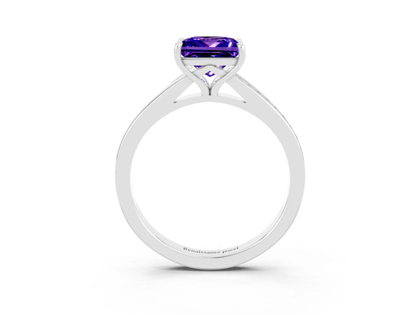 Silver Princess Cut Tanzanite Solitaire Ring with Pavé Band and Prong Setting