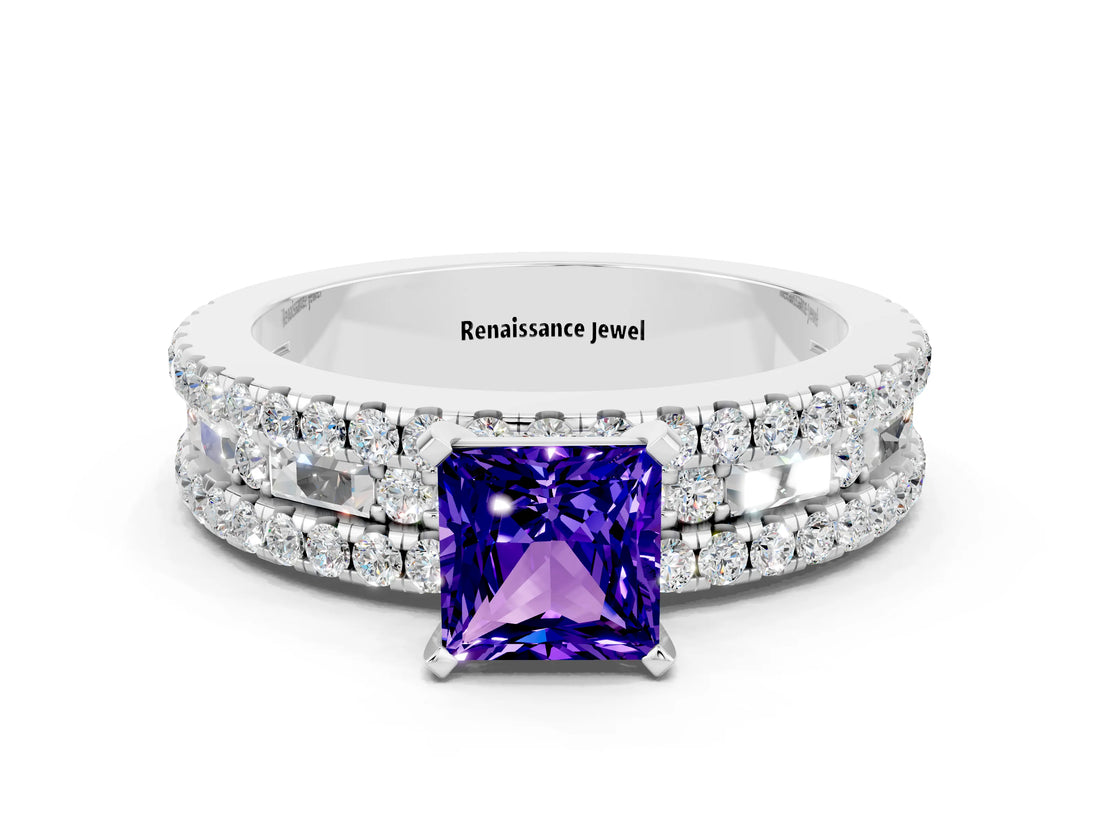 White gold Princess Cut Tanzanite Solitaire Ring with Pavé and Channel Set Band