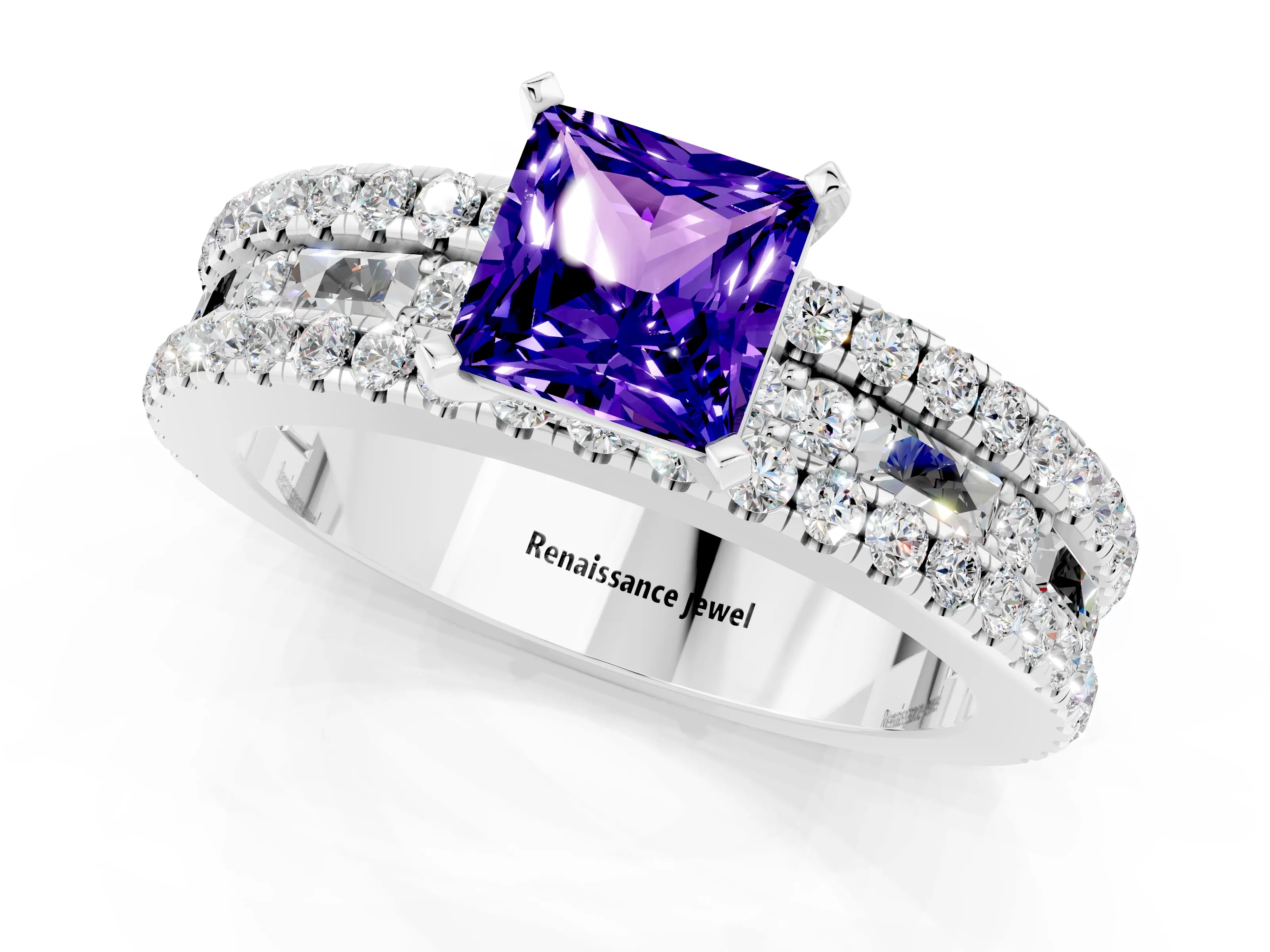 White gold Princess Cut Tanzanite Solitaire Ring with Pavé and Channel Set Band_1