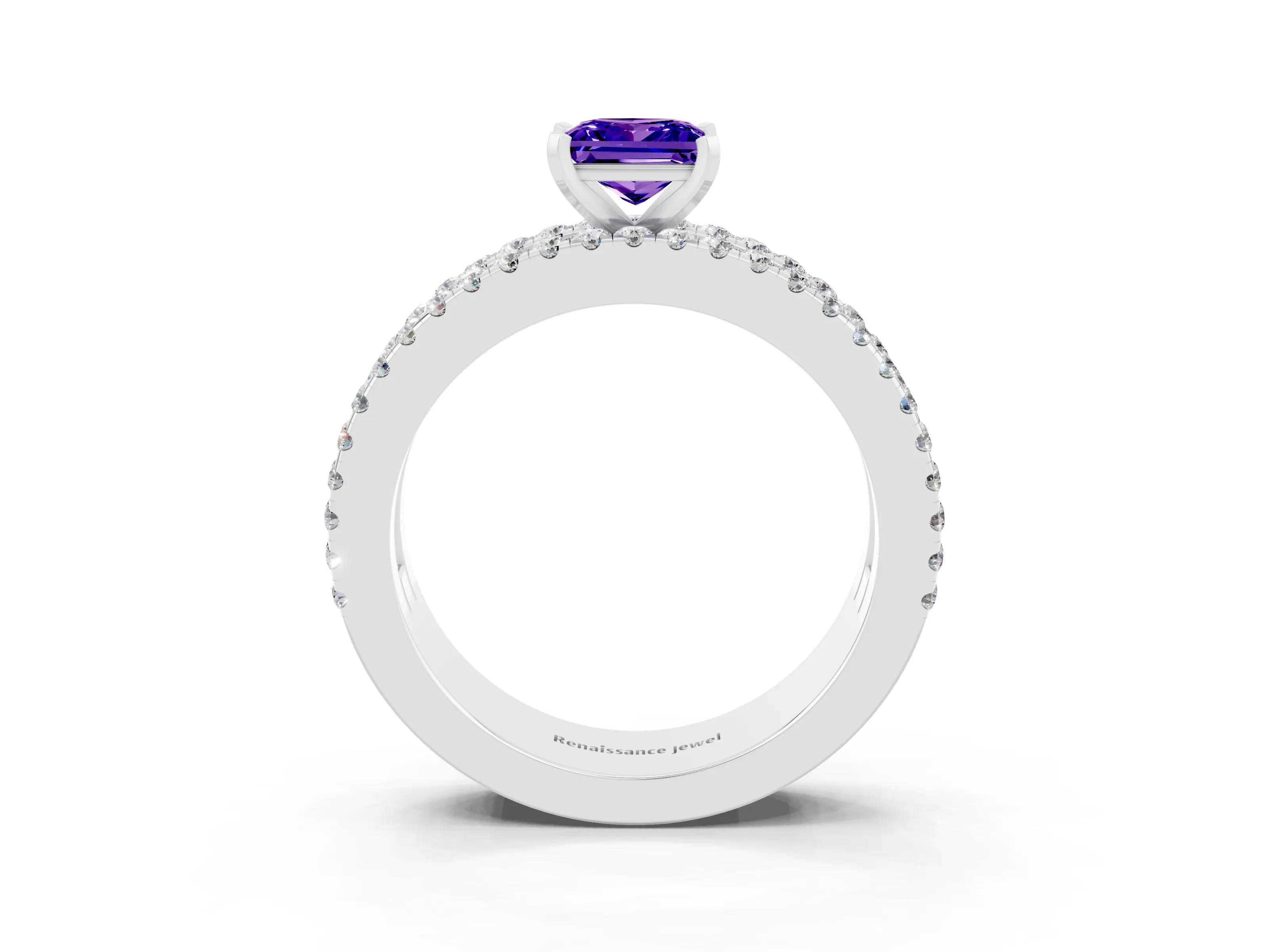 White gold Princess Cut Tanzanite Solitaire Ring with Pavé and Channel Set Band_3