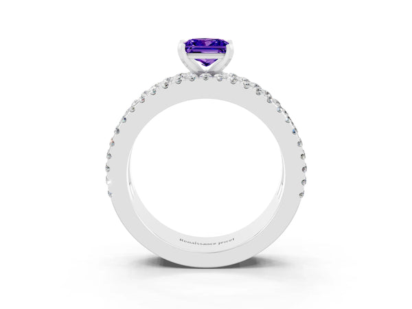 Silver Princess Cut Tanzanite Solitaire Ring with Pavé and Channel Set Band