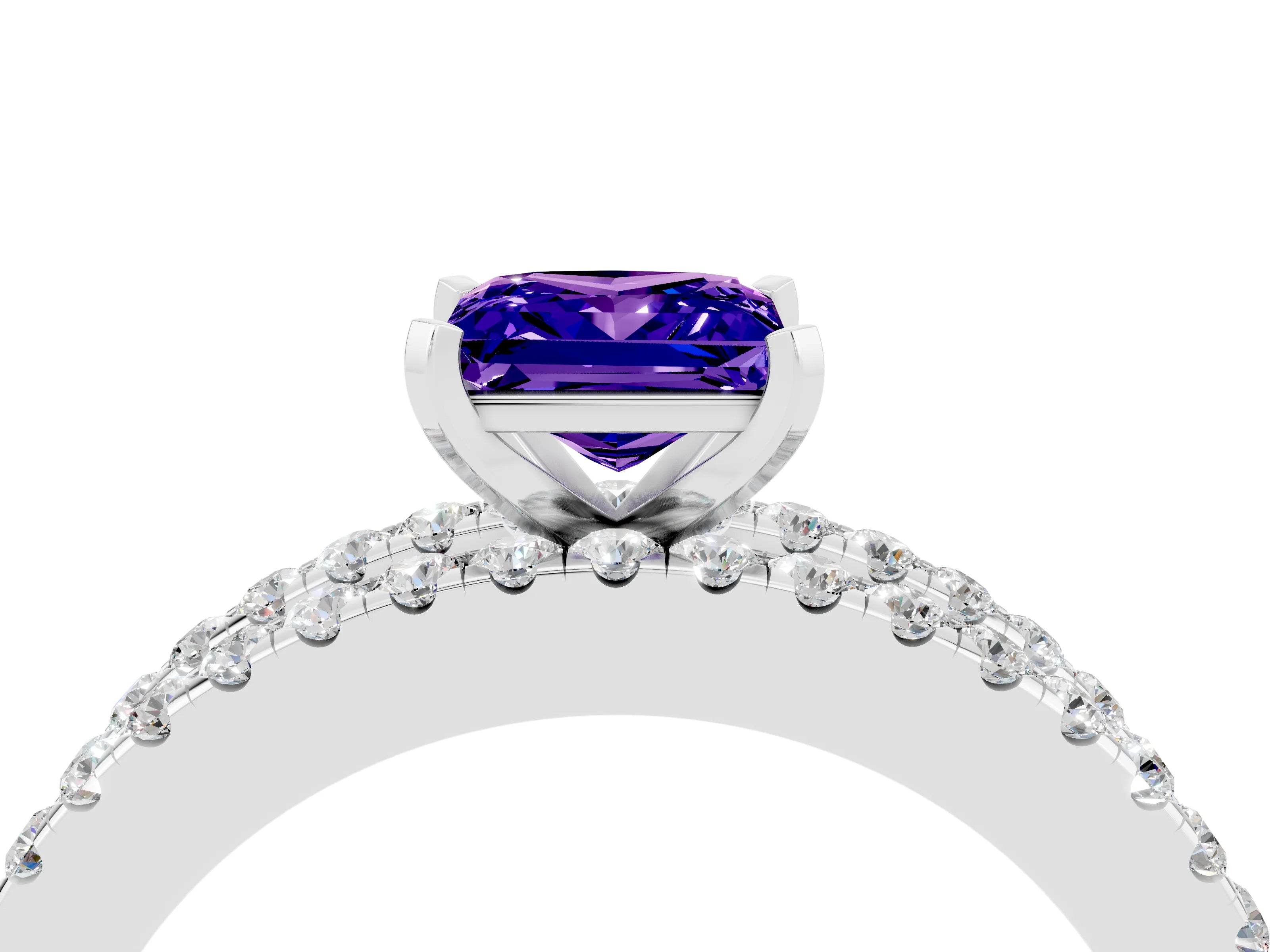 White gold Princess Cut Tanzanite Solitaire Ring with Pavé and Channel Set Band_4