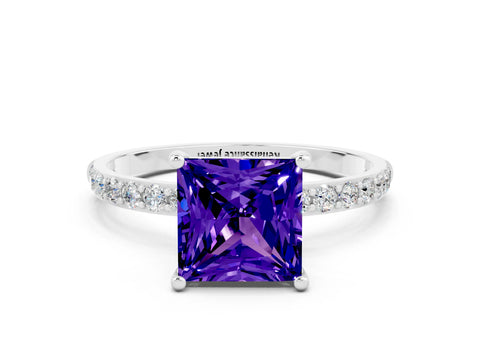 White gold Princess Cut Tanzanite Solitaire Ring with Pave Band and Four Prong Setting_24