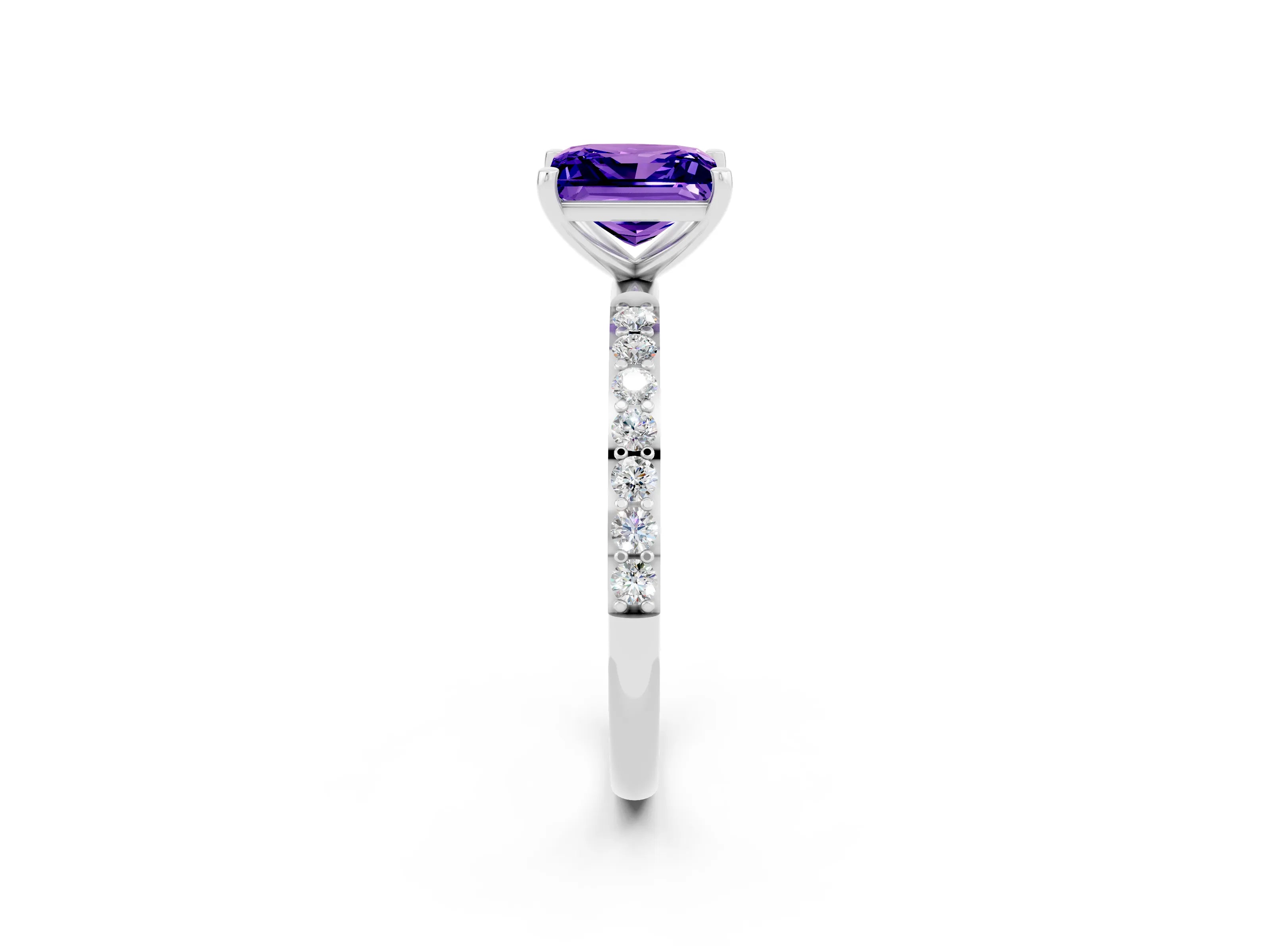 White gold Princess Cut Tanzanite Solitaire Ring with Pave Band and Four Prong Setting_26