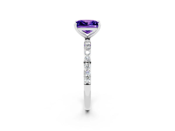 White gold Princess Cut Tanzanite Solitaire Ring with Round  Pavé Band and Prong Setting
