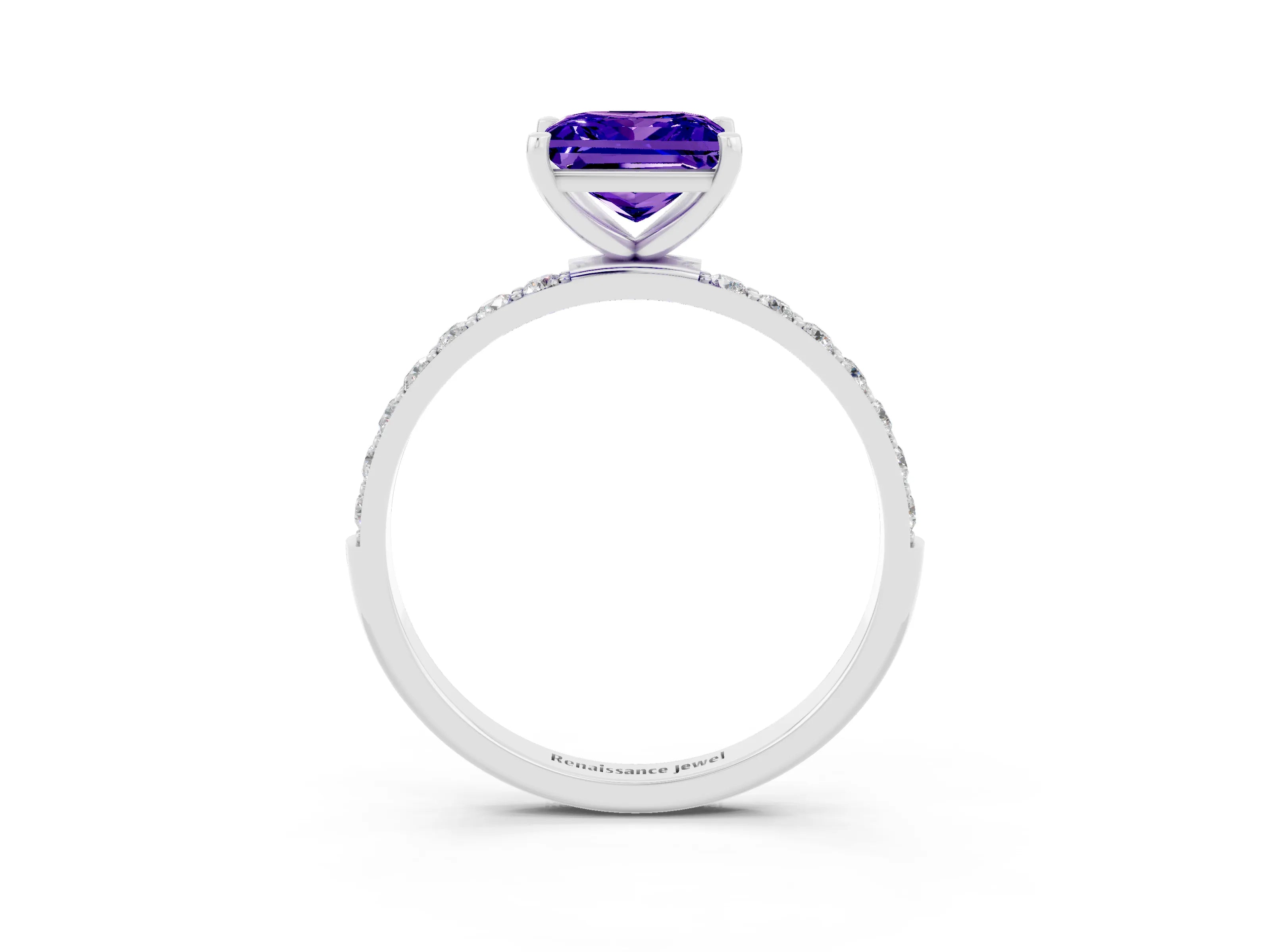 White gold Princess Cut Tanzanite Solitaire Ring with Pave Band and Four Prong Setting_27
