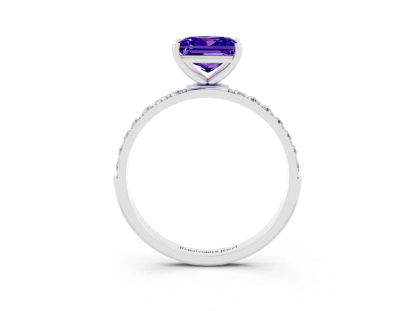 White gold Princess Cut Tanzanite Solitaire Ring with Round  Pavé Band and Prong Setting