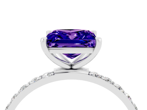White gold Princess Cut Tanzanite Solitaire Ring with Pave Band and Four Prong Setting_28