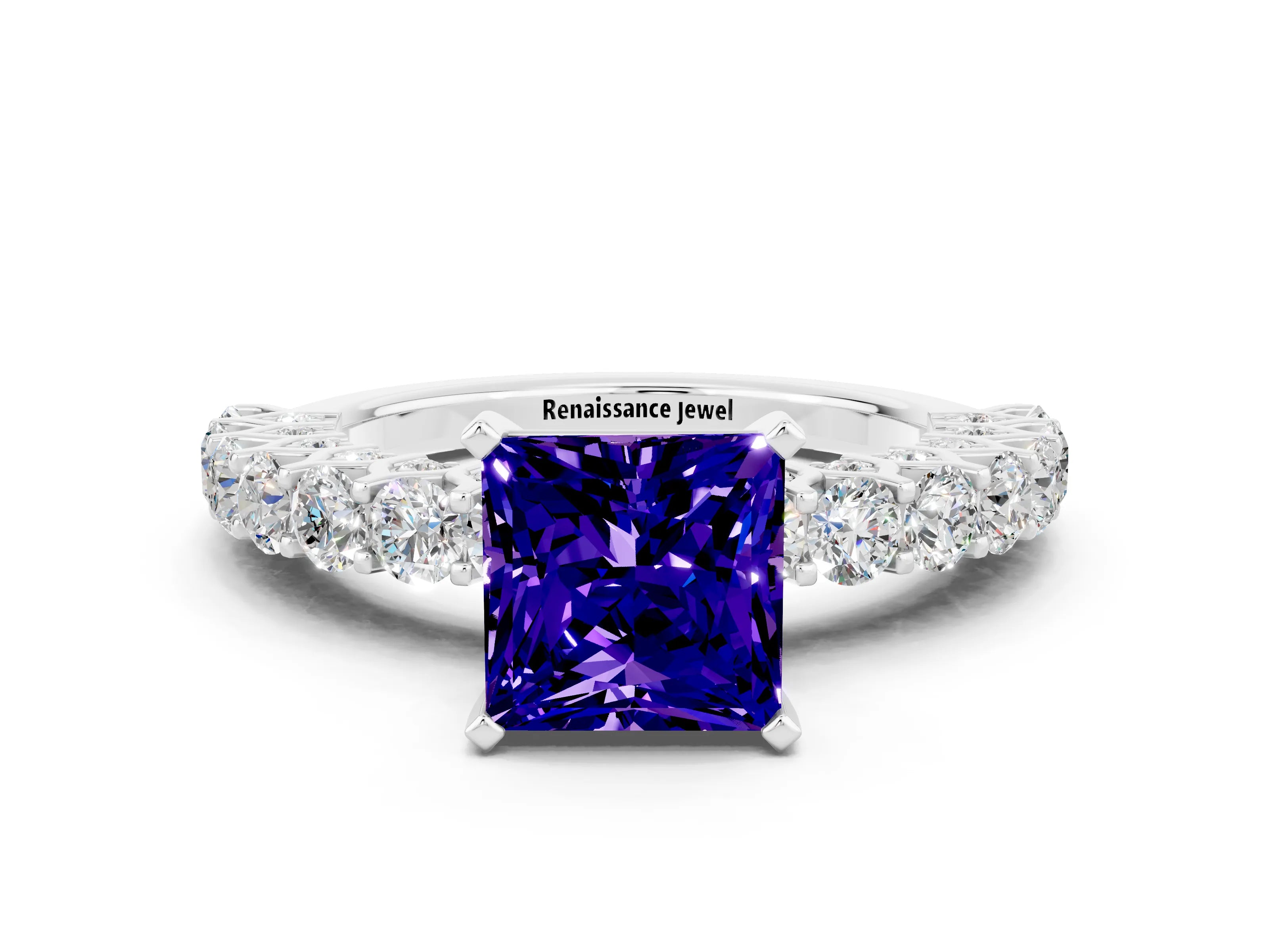 White gold Princess Cut Tanzanite Solitaire Ring with Shared Prong Pavé Band and Four-Prong Setting