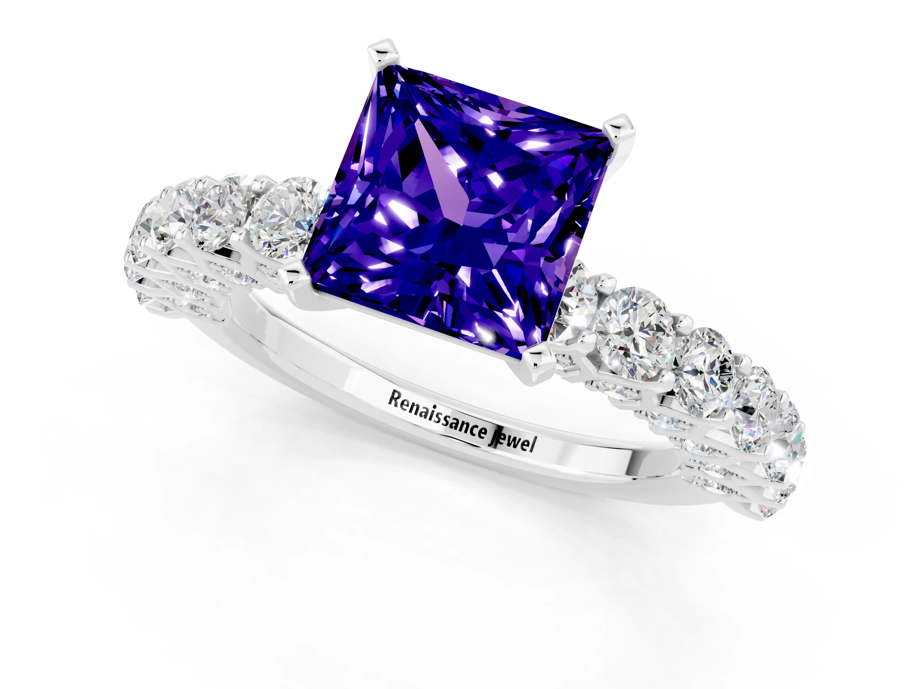 White gold Princess Cut Tanzanite Solitaire Ring with Shared Prong Pavé Band and Four-Prong Setting_1