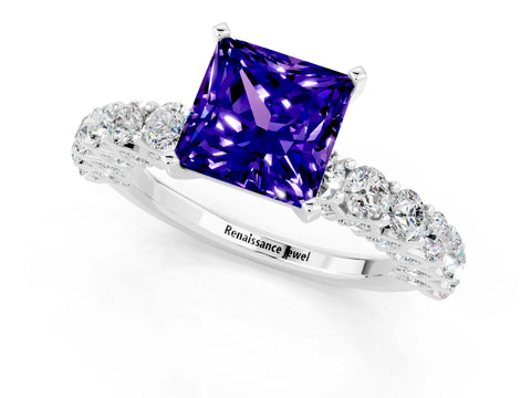 White gold Princess Cut Tanzanite Solitaire Ring with Shared Prong Pavé Band and Four-Prong Setting_1