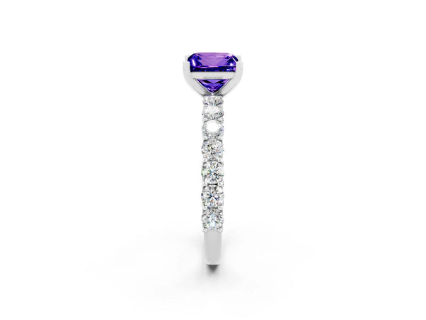 Silver Princess Cut Tanzanite Solitaire Ring with Shared Prong Pavé Band and Four-Prong Setting