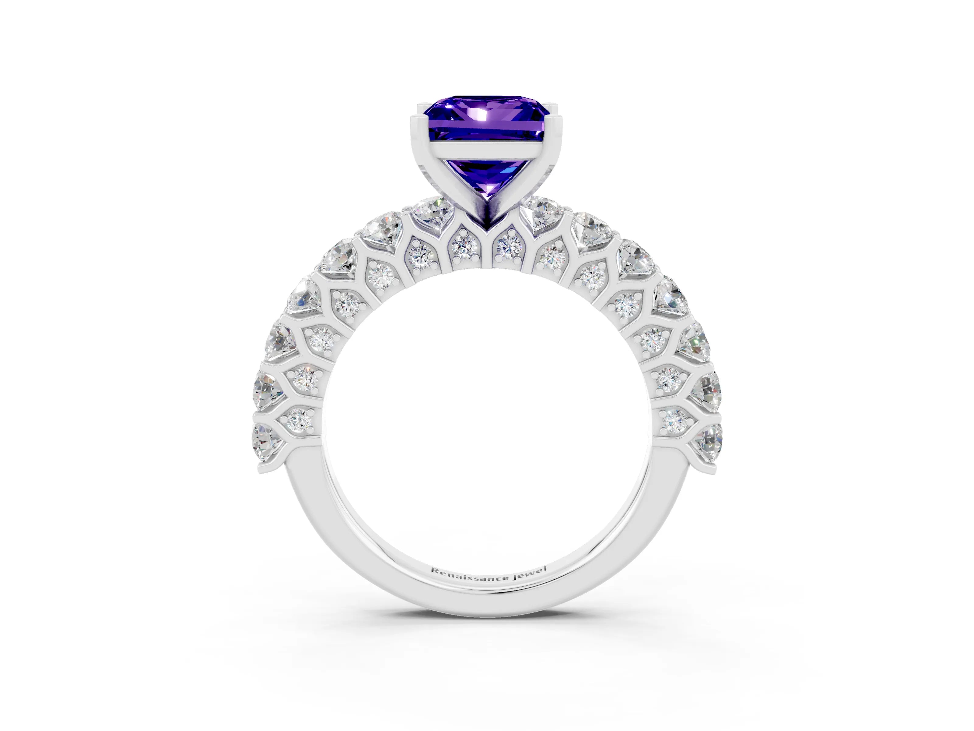 White gold Princess Cut Tanzanite Solitaire Ring with Shared Prong Pavé Band and Four-Prong Setting_3