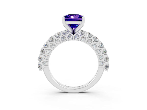 Silver Princess Cut Tanzanite Solitaire Ring with Shared Prong Pavé Band and Four-Prong Setting