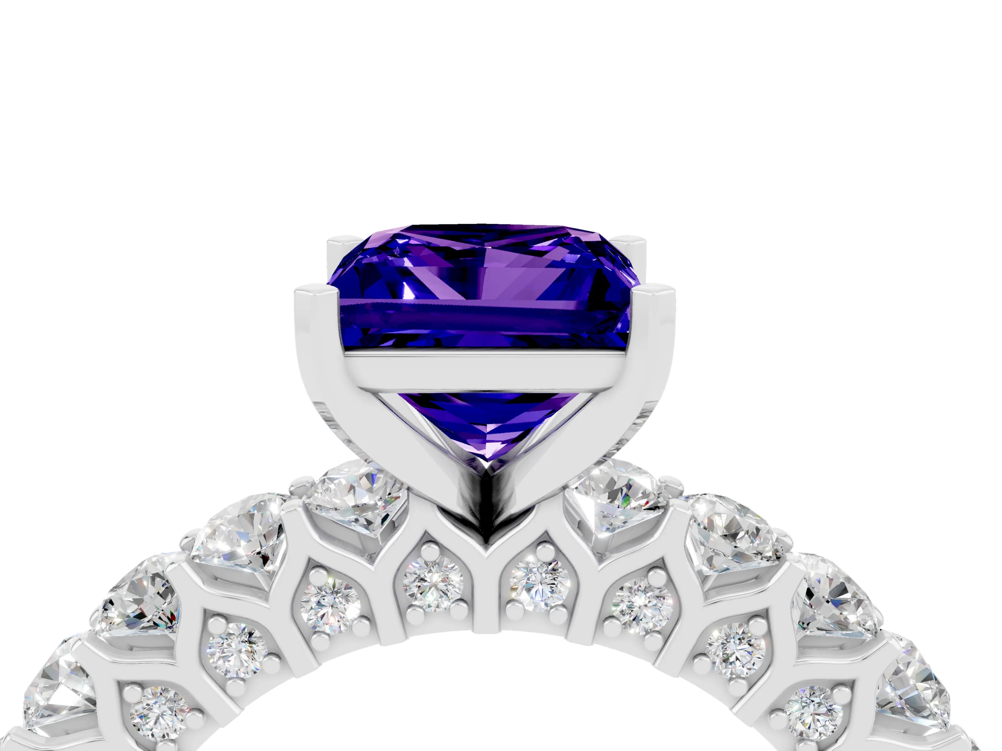 White gold Princess Cut Tanzanite Solitaire Ring with Shared Prong Pavé Band and Four-Prong Setting_4