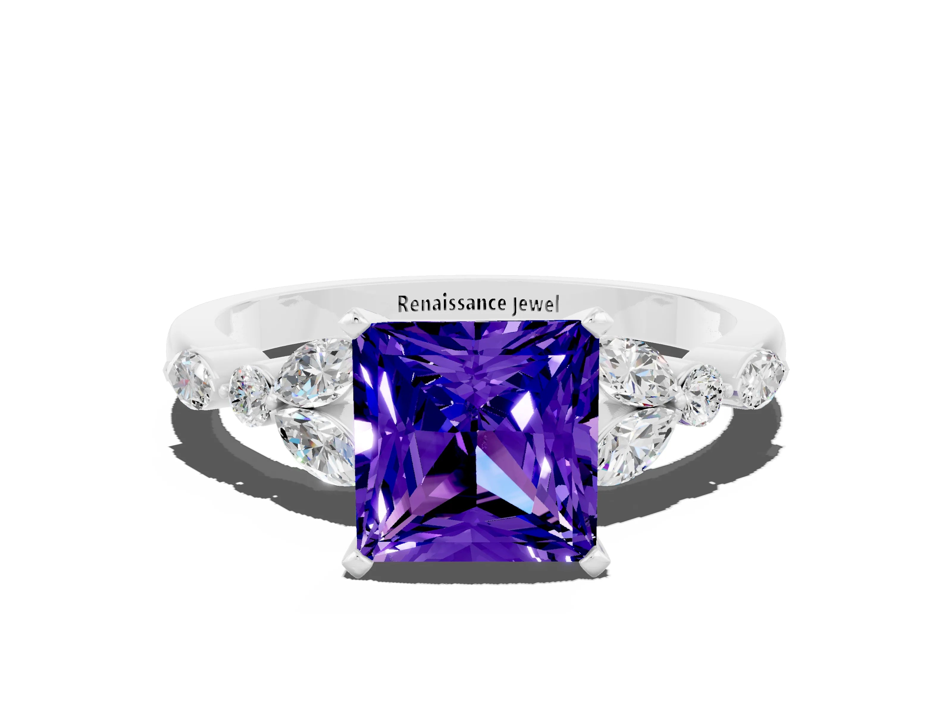White gold Princess Cut Tanzanite Solitaire Ring with Side Stones and Four-Prong Setting_12