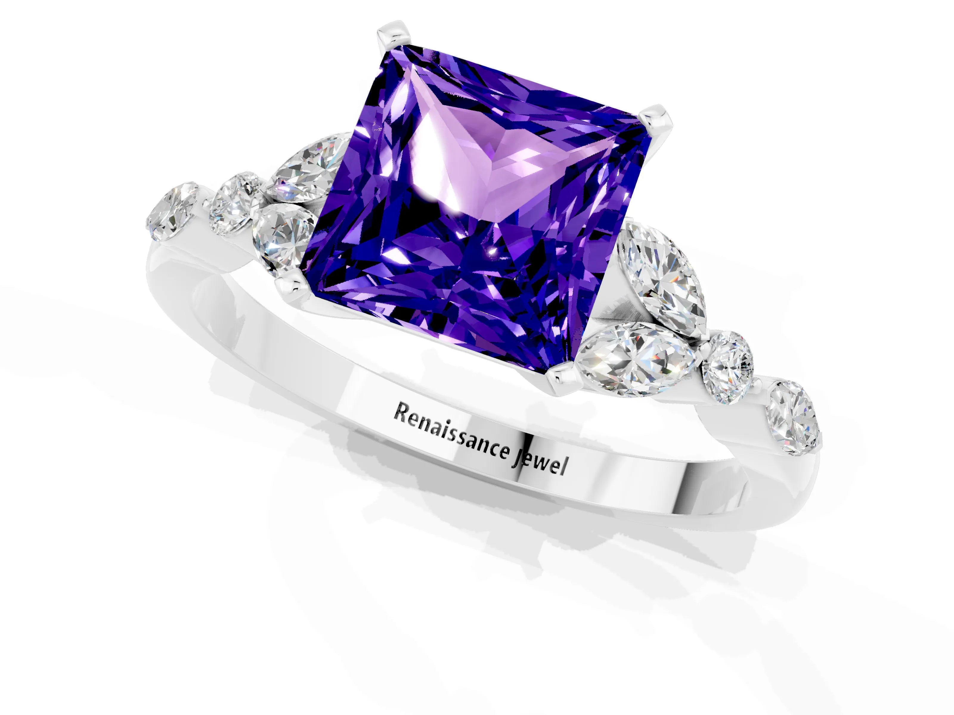 White gold Princess Cut Tanzanite Solitaire Ring with Side Stones and Four-Prong Setting_13