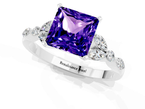 White gold Princess Cut Tanzanite Solitaire Ring with Side Stones and Four-Prong Setting_13