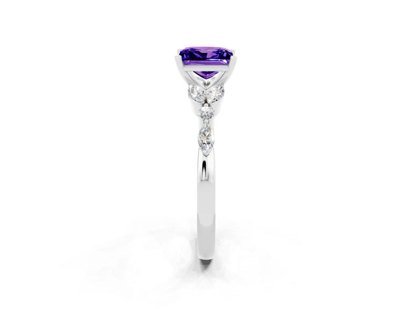 Platinum Princess Cut Tanzanite Solitaire Ring with Side Stones and Four-Prong Setting