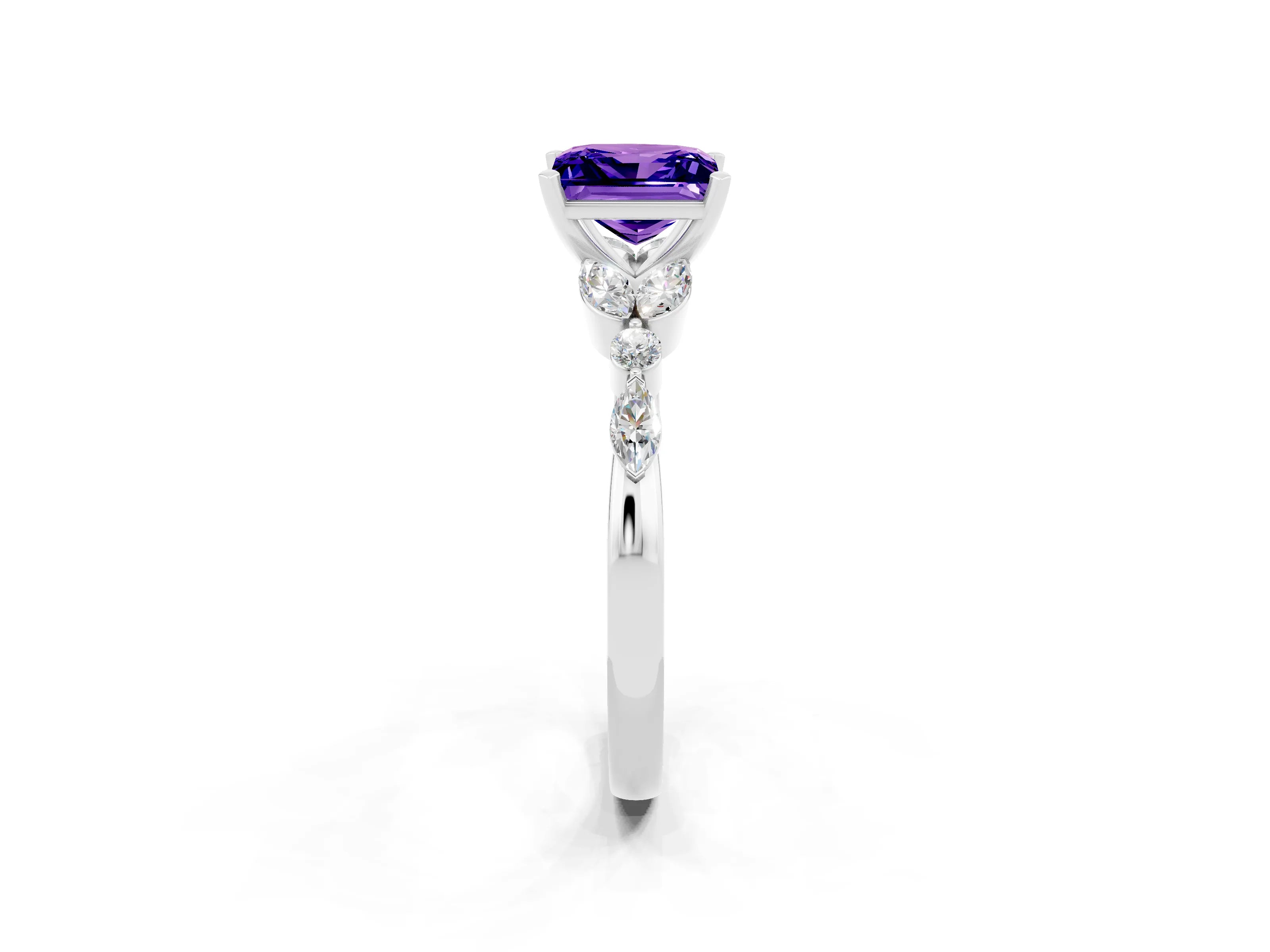 White gold Princess Cut Tanzanite Solitaire Ring with Side Stones and Four-Prong Setting_14