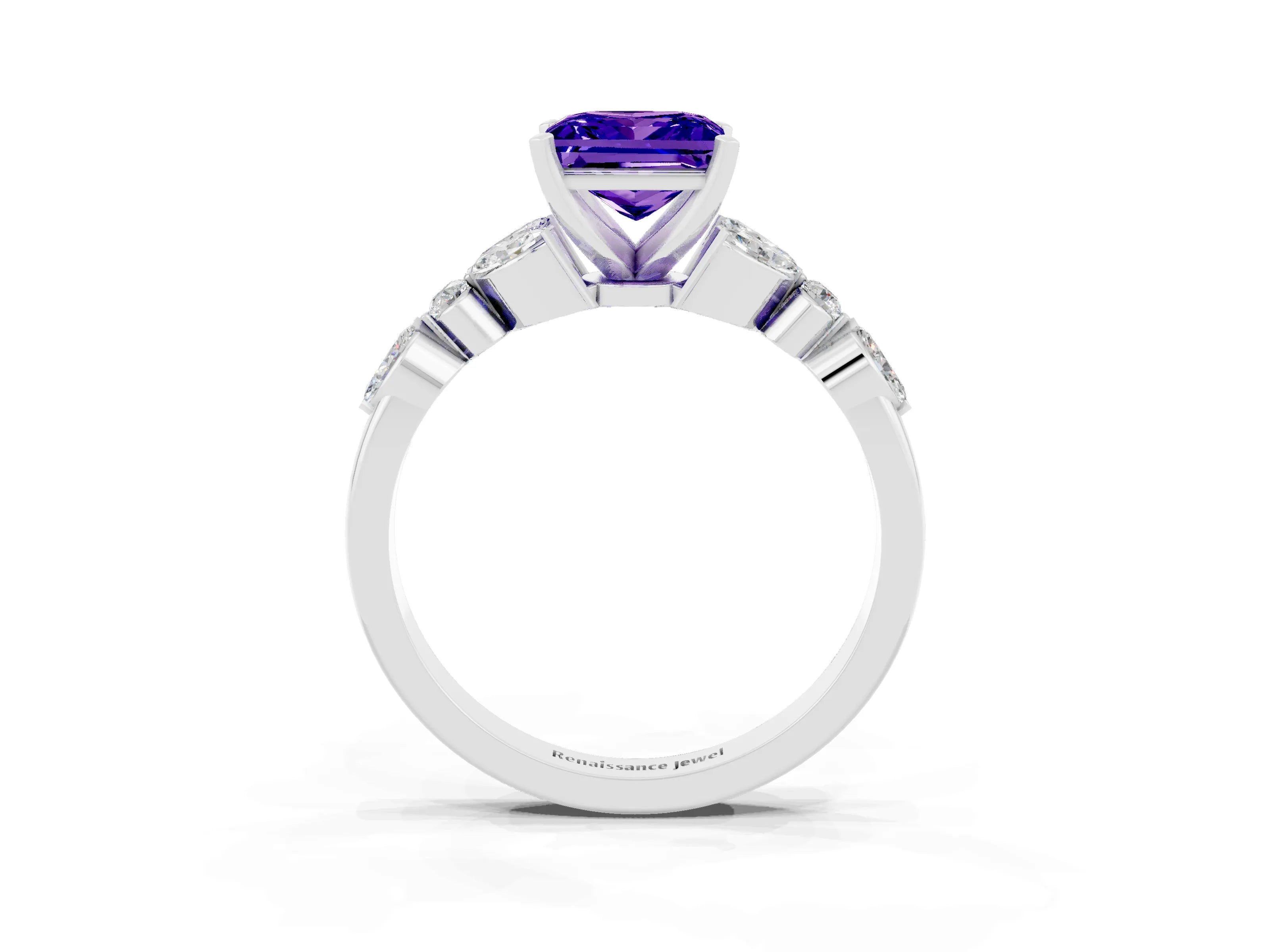 White gold Princess Cut Tanzanite Solitaire Ring with Side Stones and Four-Prong Setting_15
