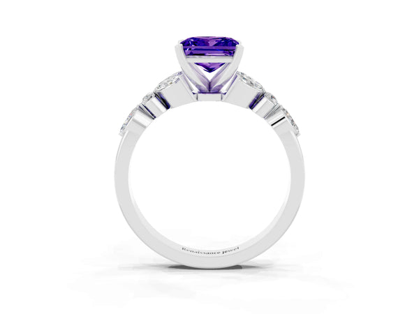 Platinum Princess Cut Tanzanite Solitaire Ring with Side Stones and Four-Prong Setting