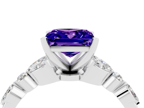 White gold Princess Cut Tanzanite Solitaire Ring with Side Stones and Four-Prong Setting_16