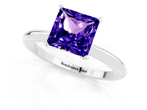 Platinum Princess Cut Tanzanite Solitaire Ring with Six-Prong Setting and Classic Band