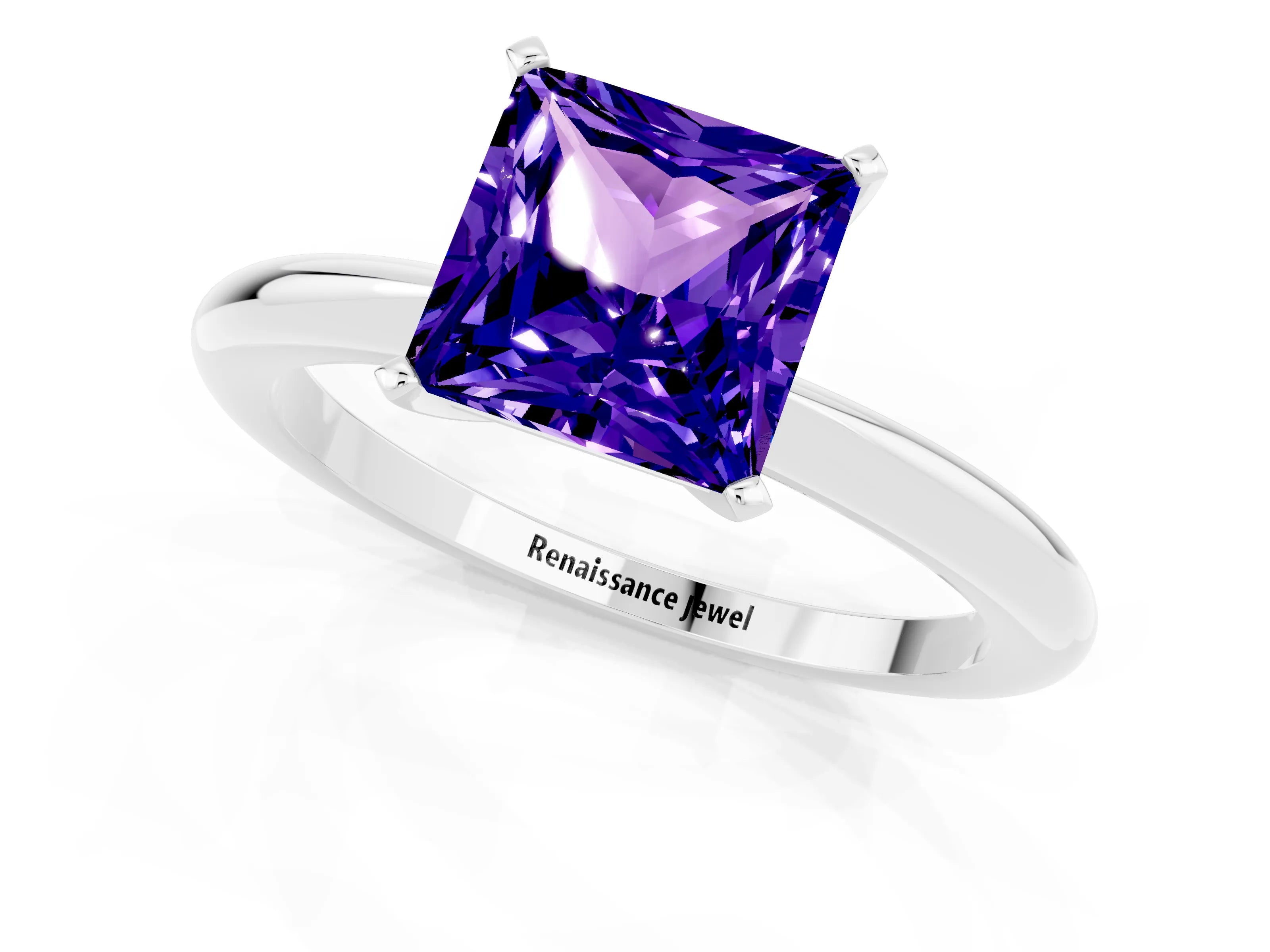White gold Princess Cut Tanzanite Solitaire Ring with Six-Prong Setting and Classic Band_13