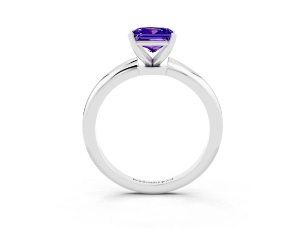 Platinum Princess Cut Tanzanite Solitaire Ring with Six-Prong Setting and Classic Band