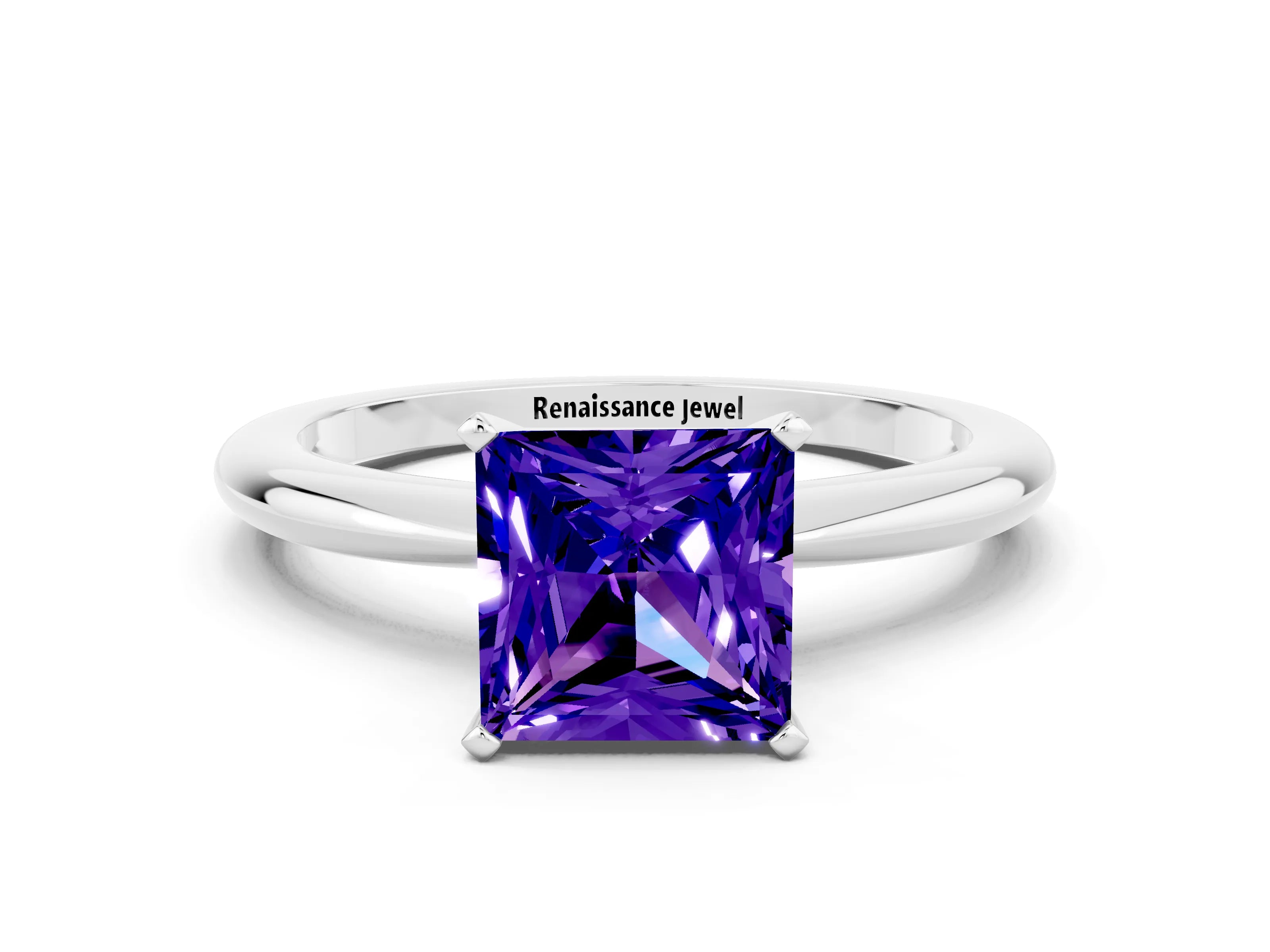 White gold Princess Cut Tanzanite Solitaire Ring with Six-Prong Setting and Classic Band_20