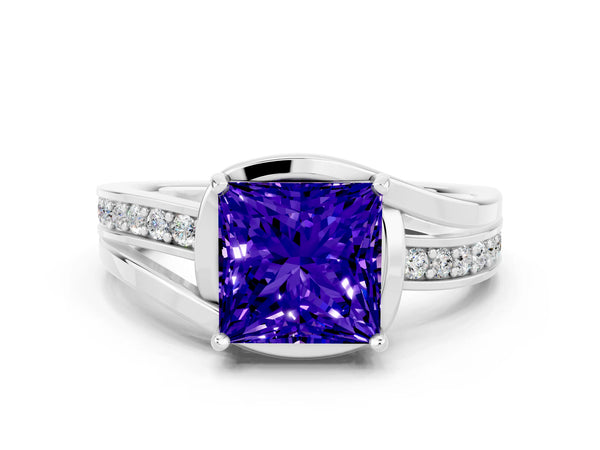 Platinum Princess Cut Tanzanite Solitaire Ring with Split Shank and Prong Setting