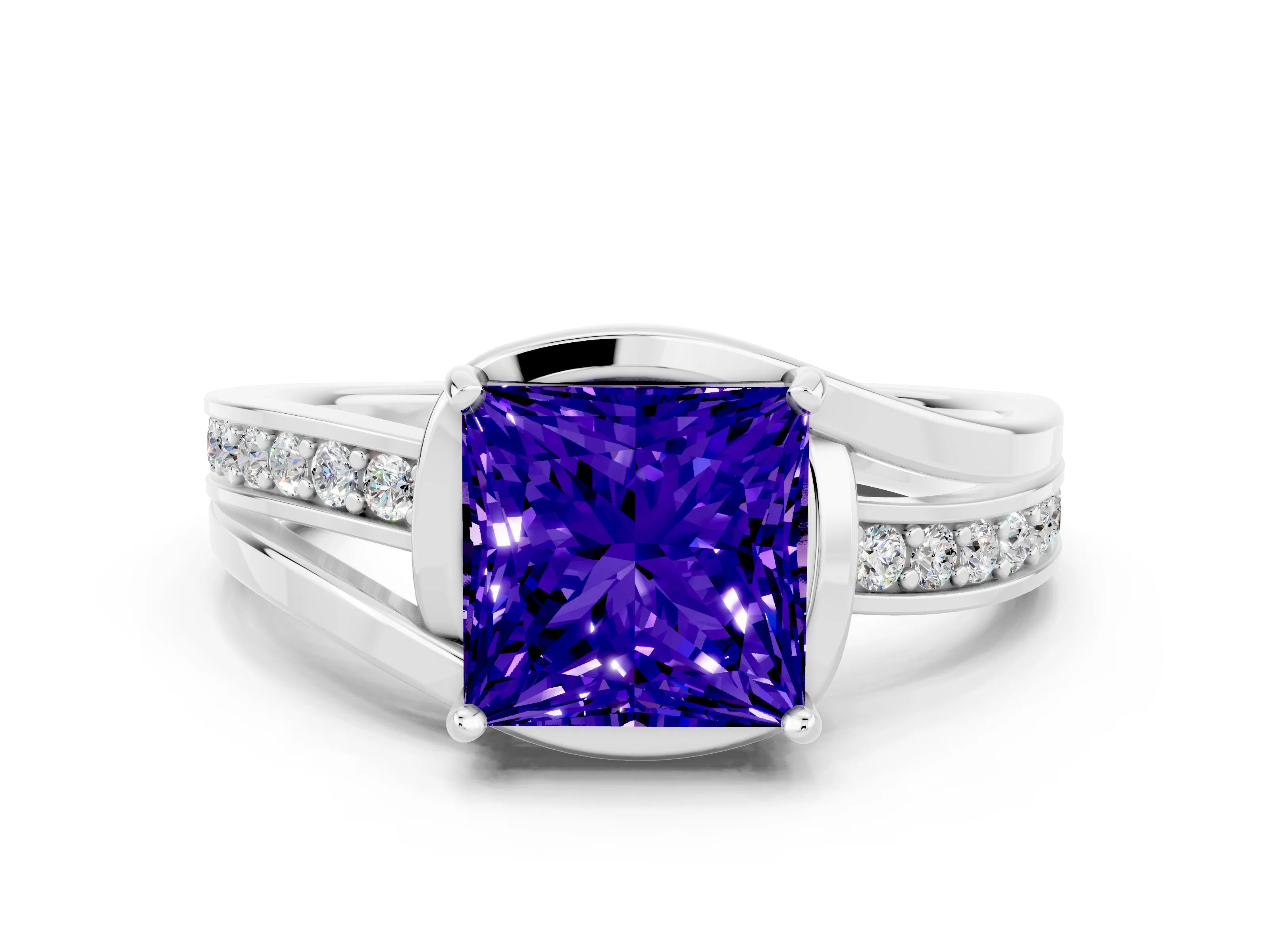 White gold Princess Cut Tanzanite Solitaire Ring with Split Shank and Prong Setting
