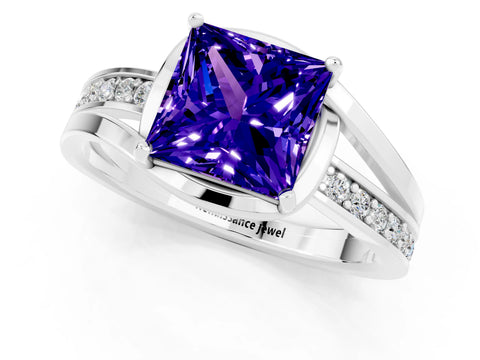 White gold Princess Cut Tanzanite Solitaire Ring with Split Shank and Prong Setting_1