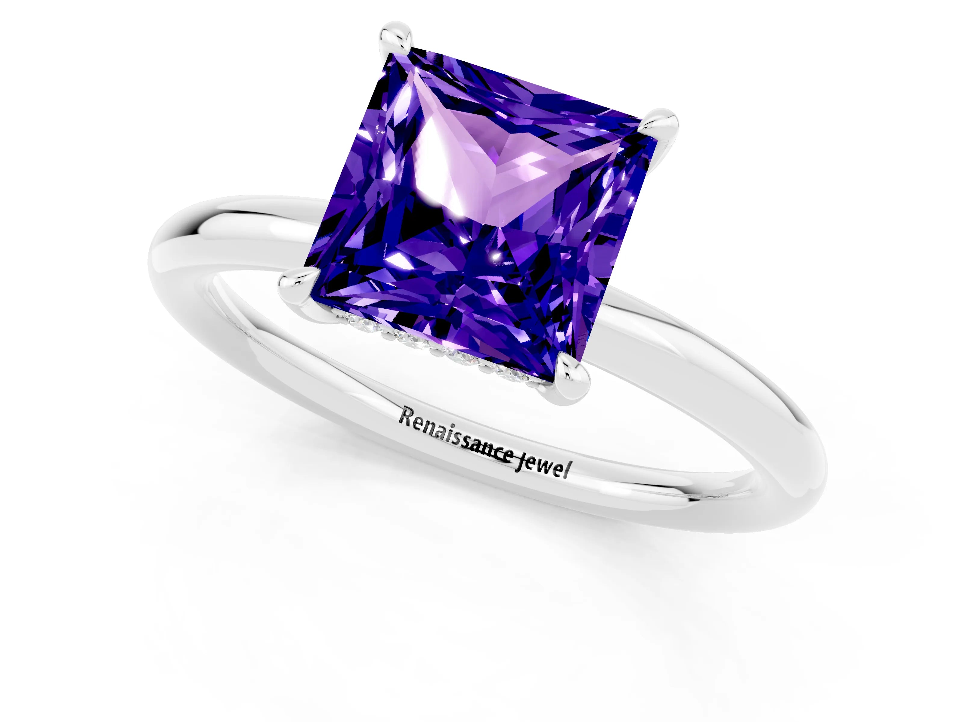 White gold Princess Cut Tanzanite Solitaire Ring with Thin Band and Four-Prong Setting_1