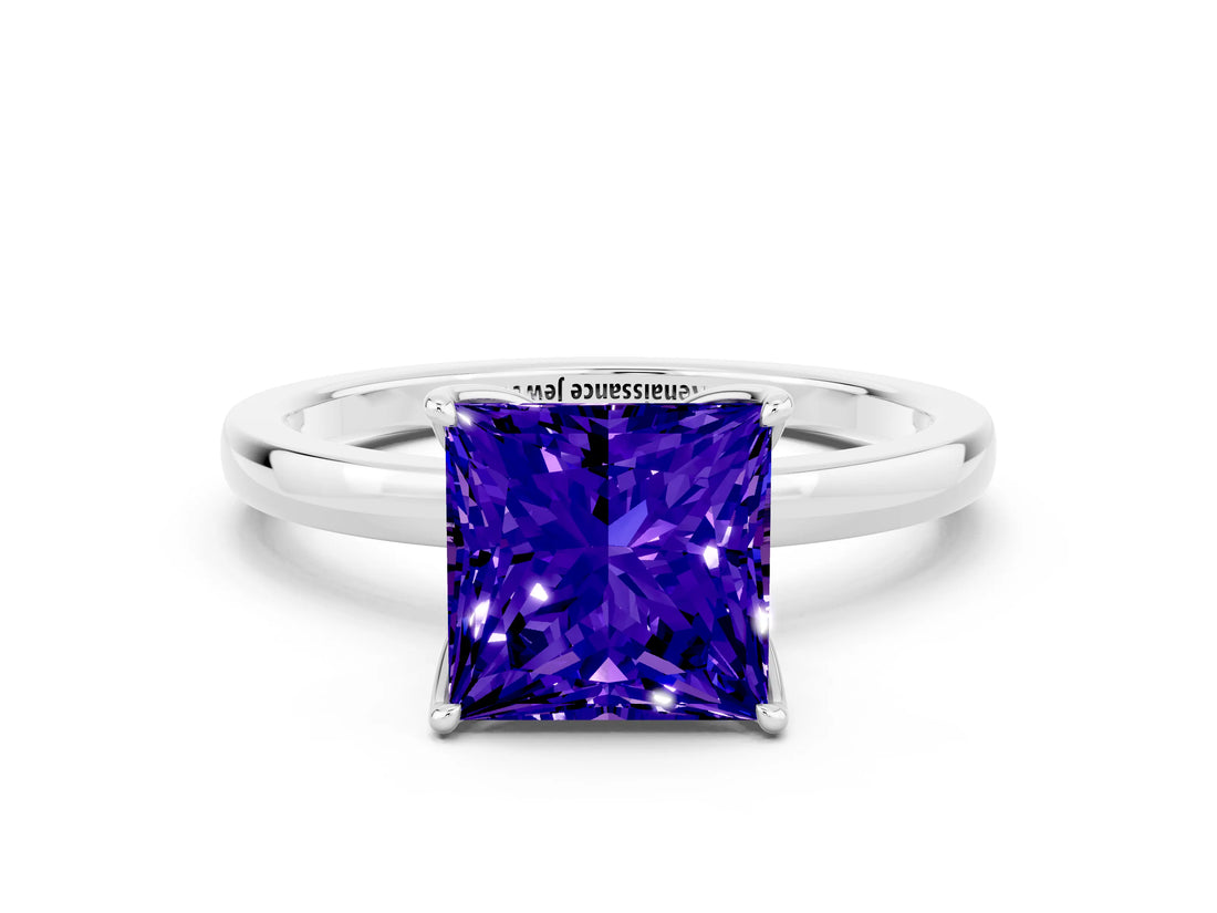 White gold Princess Cut Tanzanite Solitaire Ring with Thin Band and Prong Setting_12
