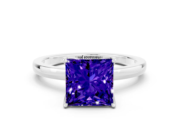 Platinum Princess Cut Tanzanite Solitaire Ring with Thin Band and Prong Setting